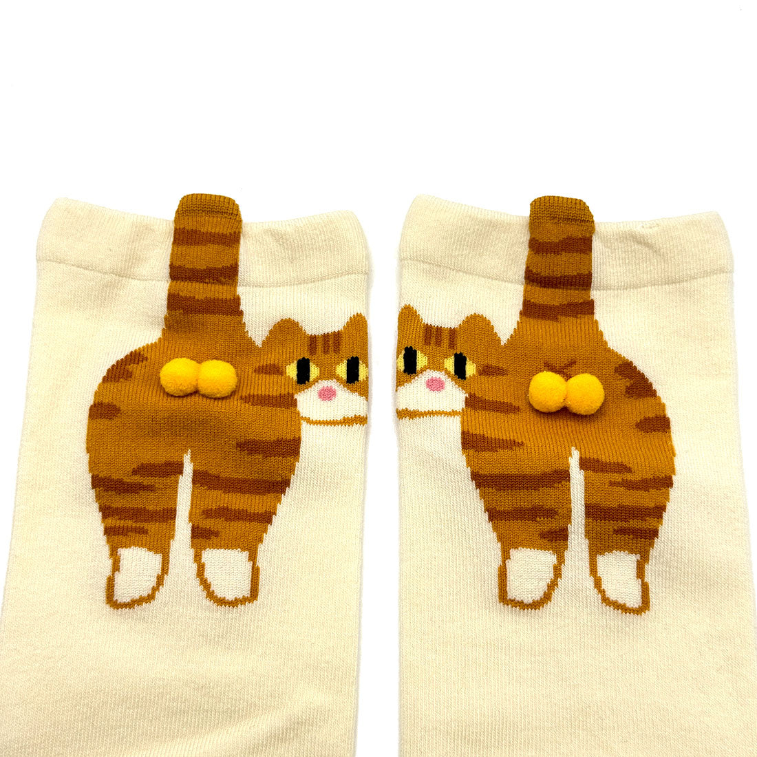 Ginger Cat/Tabby Cat Pawz 3D Pom Pom Socks - Fun & Playful Design