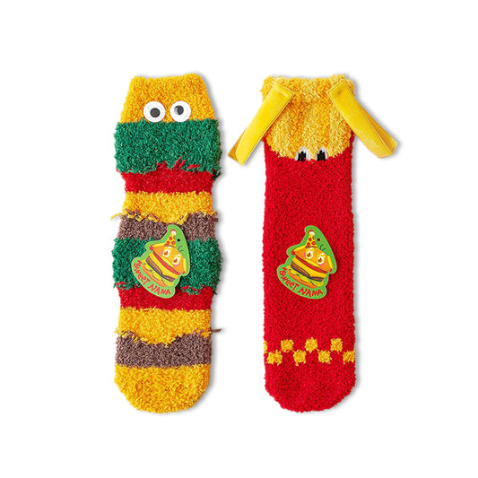 2-Pack Burger&Fries Character Fluffy Socks with Non-Slip Grip - Coral Fleece Home/Bed Socks