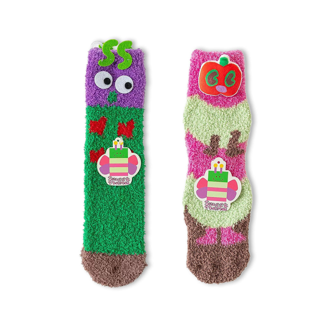 2-Pack Burger&Fries Character Fluffy Socks with Non-Slip Grip - Coral Fleece Home/Bed Socks