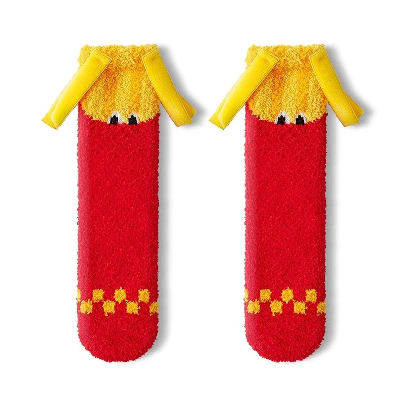 2-Pack Burger&Fries Character Fluffy Socks with Non-Slip Grip - Coral Fleece Home/Bed Socks