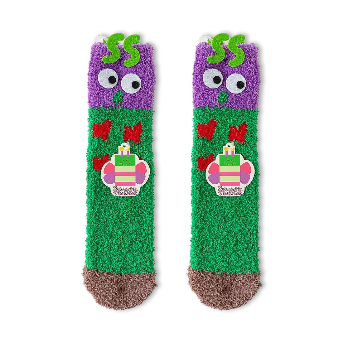 2-Pack Burger&Fries Character Fluffy Socks with Non-Slip Grip - Coral Fleece Home/Bed Socks