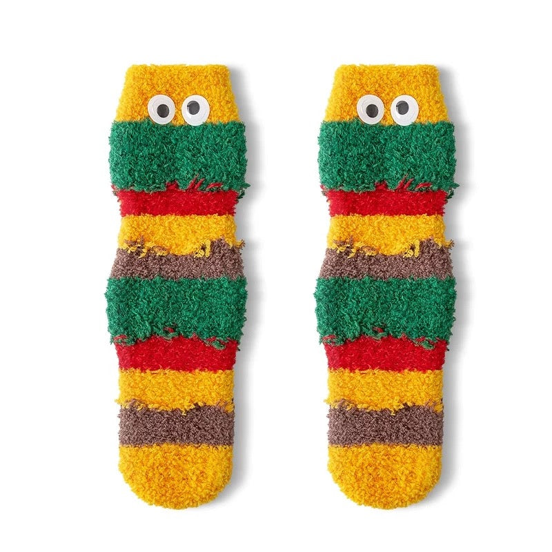 2-Pack Burger&Fries Character Fluffy Socks with Non-Slip Grip - Coral Fleece Home/Bed Socks