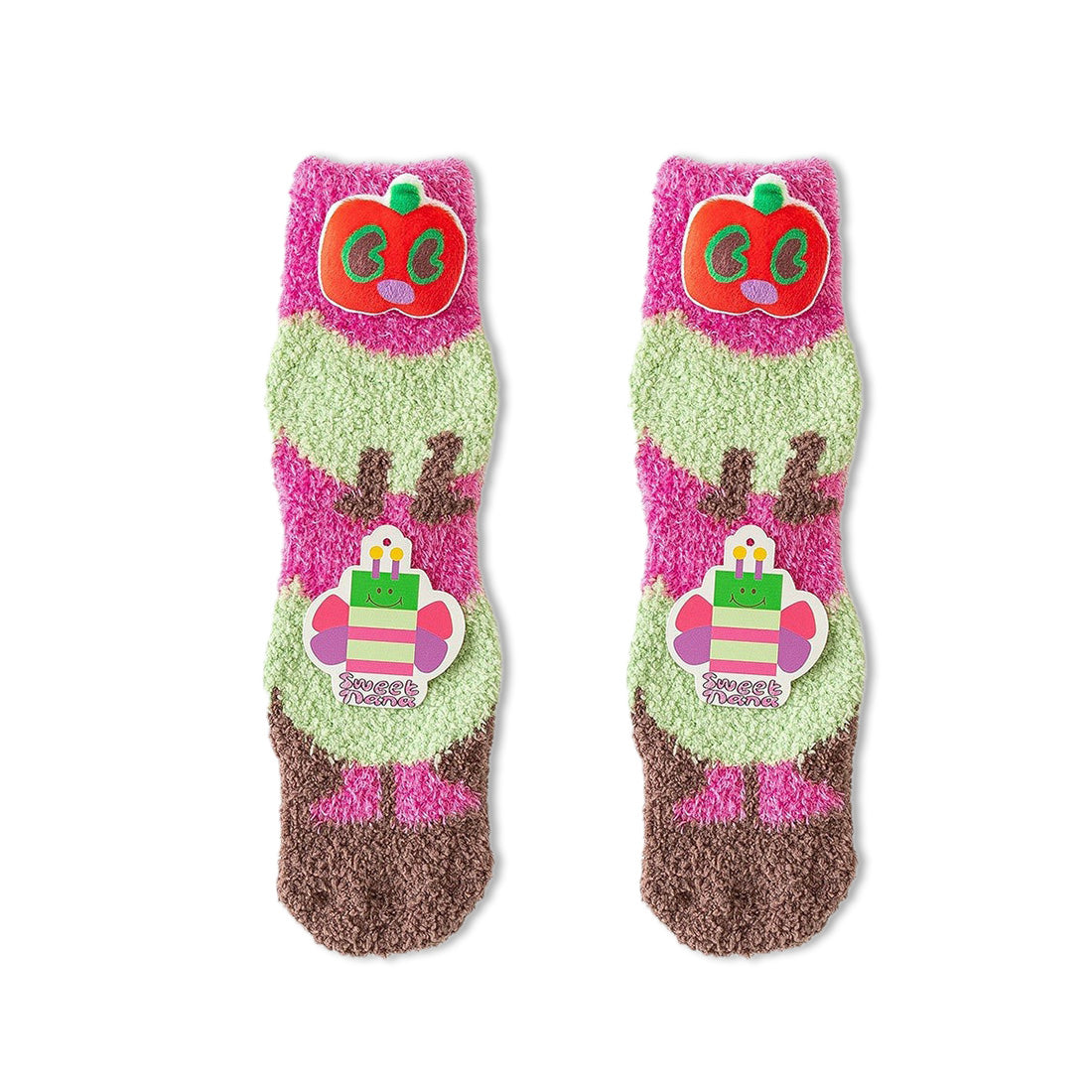 2-Pack Burger&Fries Character Fluffy Socks with Non-Slip Grip - Coral Fleece Home/Bed Socks
