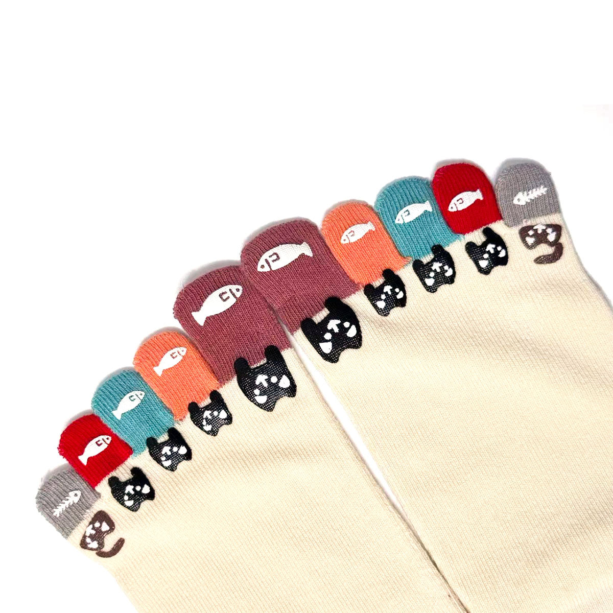 Colorful Five-Toe Cotton Socks — Cat Eating Fish Pattern, Ankle-Length Toe Socks for Women