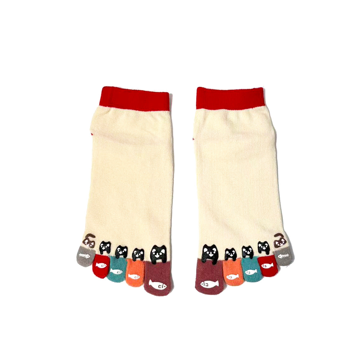 Colorful Five-Toe Cotton Socks — Cat Eating Fish Pattern, Ankle-Length Toe Socks for Women