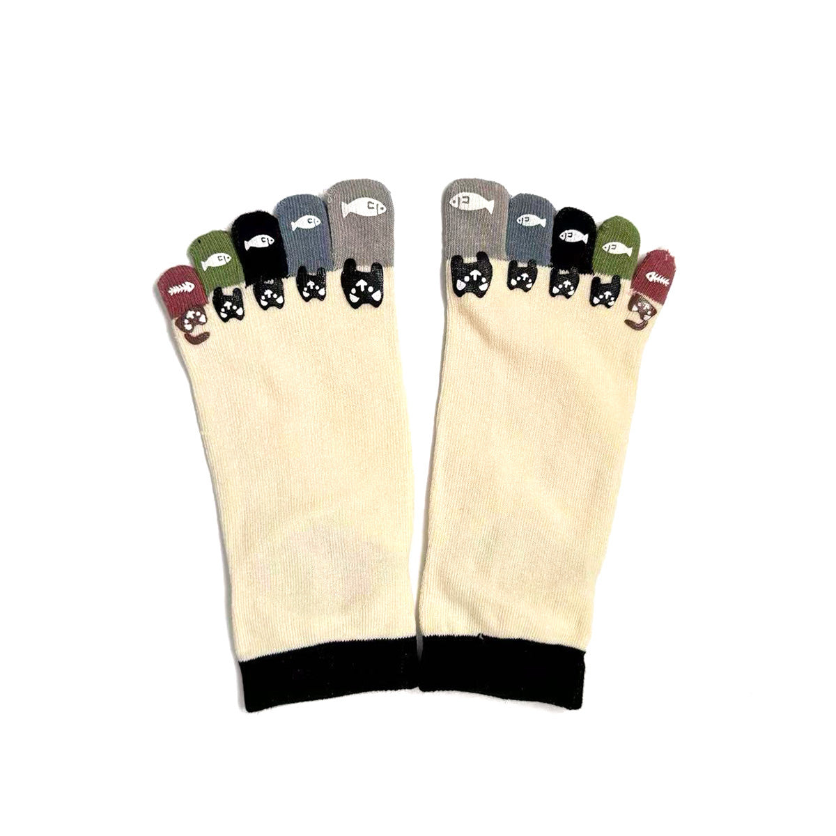Colorful Five-Toe Cotton Socks — Cat Eating Fish Pattern, Ankle-Length Toe Socks for Women