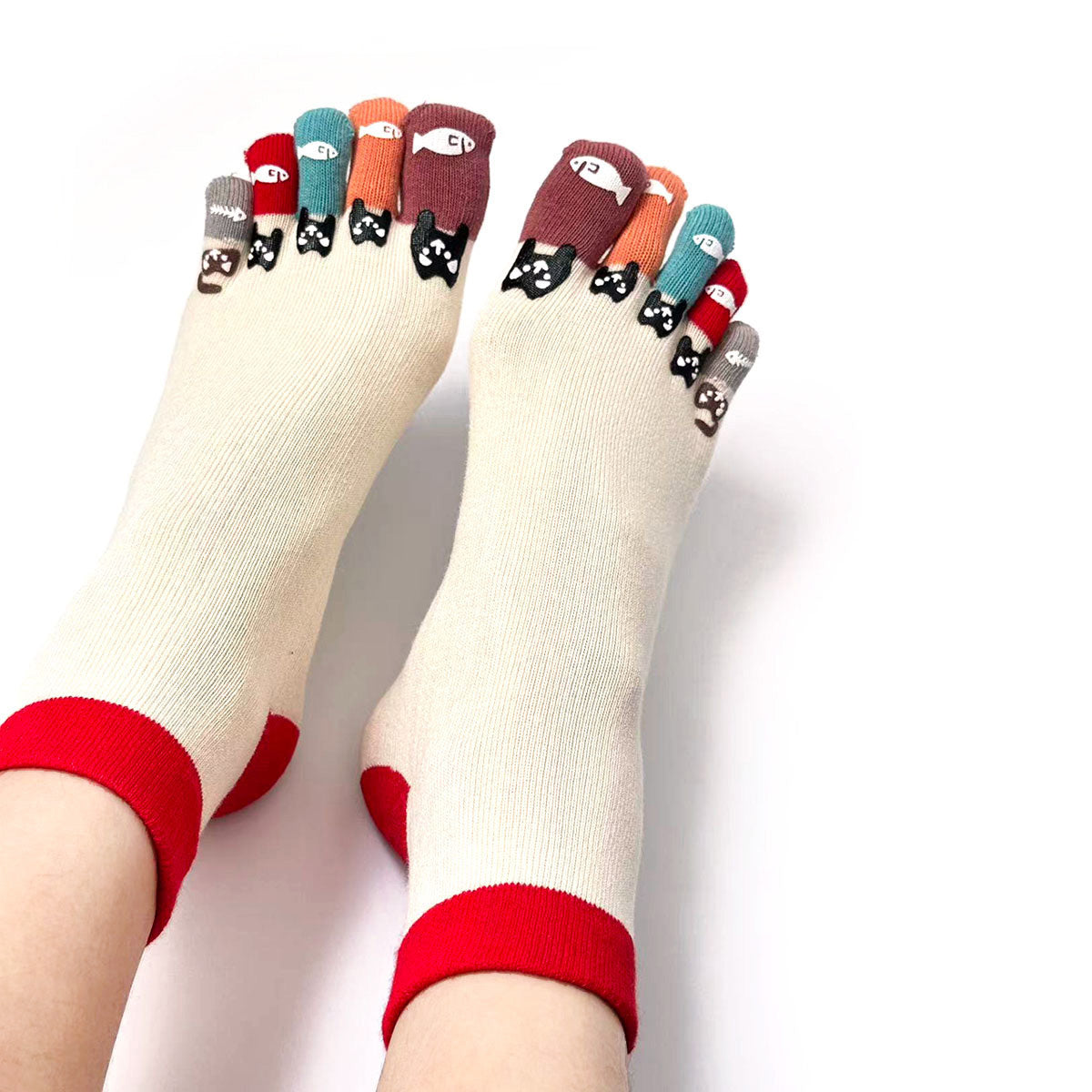 Colorful Five-Toe Cotton Socks — Cat Eating Fish Pattern, Ankle-Length Toe Socks for Women